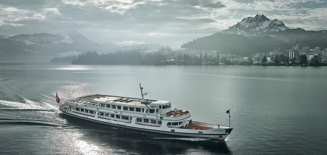 Motor vessel Gotthard in summer The motor vessel Gotthard sails on Lake Lucerne on a beautiful summer day.