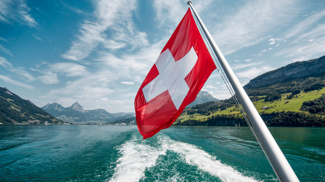View of the Swiss flag in the stern of the ship.