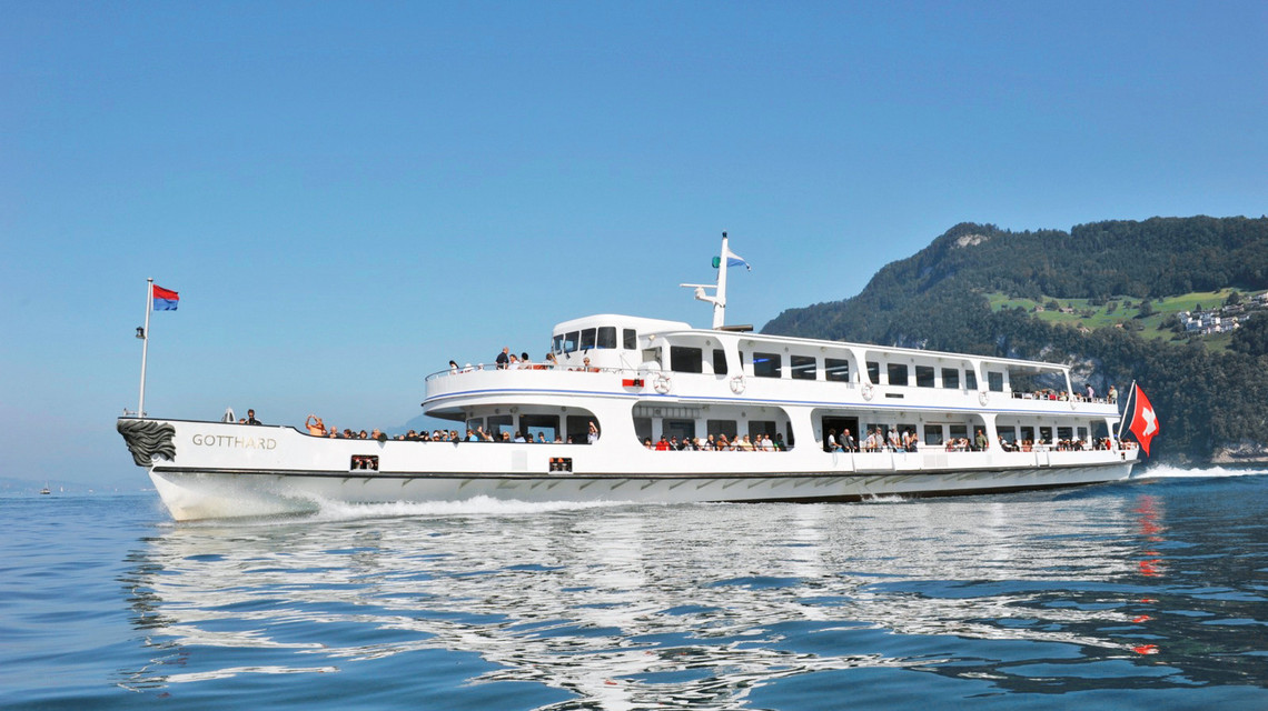 Motor ship Gotthard during a trip. The motor ship Gotthard in sunny weather during a trip in front of the Bürgenstock.
